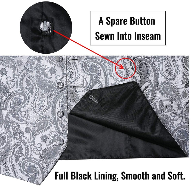 DiBanGu Mens Vest and Tie Set Formal Paisley Waistcoat and Necktie Pocket Square Cufflinks Silk Suit Vest for Tuxedo Wedding, Silver Grey, Large - Image 5